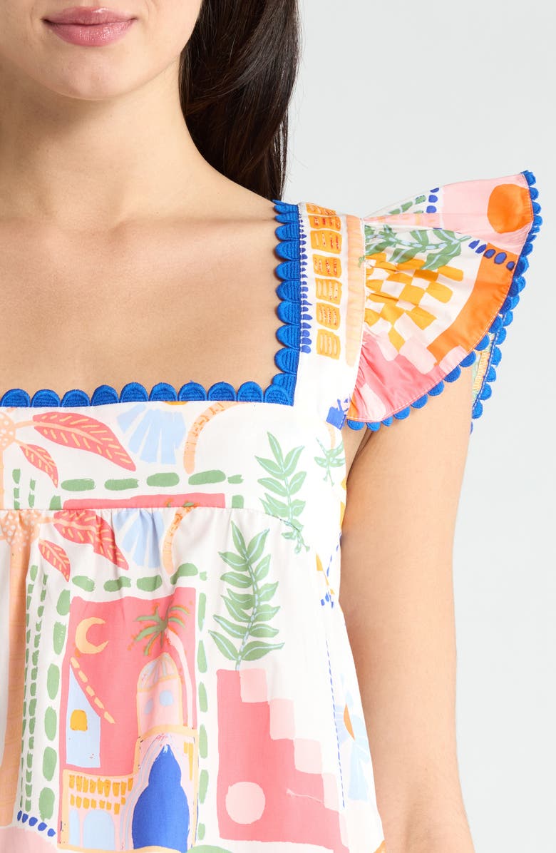 SUGARLIPS Petrolia Town Ada Embroidered Scalloped Trim Flutter Sleeve Cotton Top, Alternate, color, Orange Pink Wihte