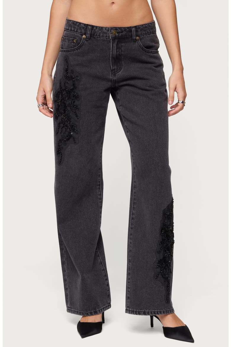 Rossa Beaded Low Rise Wide Leg Jeans, Main, color, BLACK-WASHED