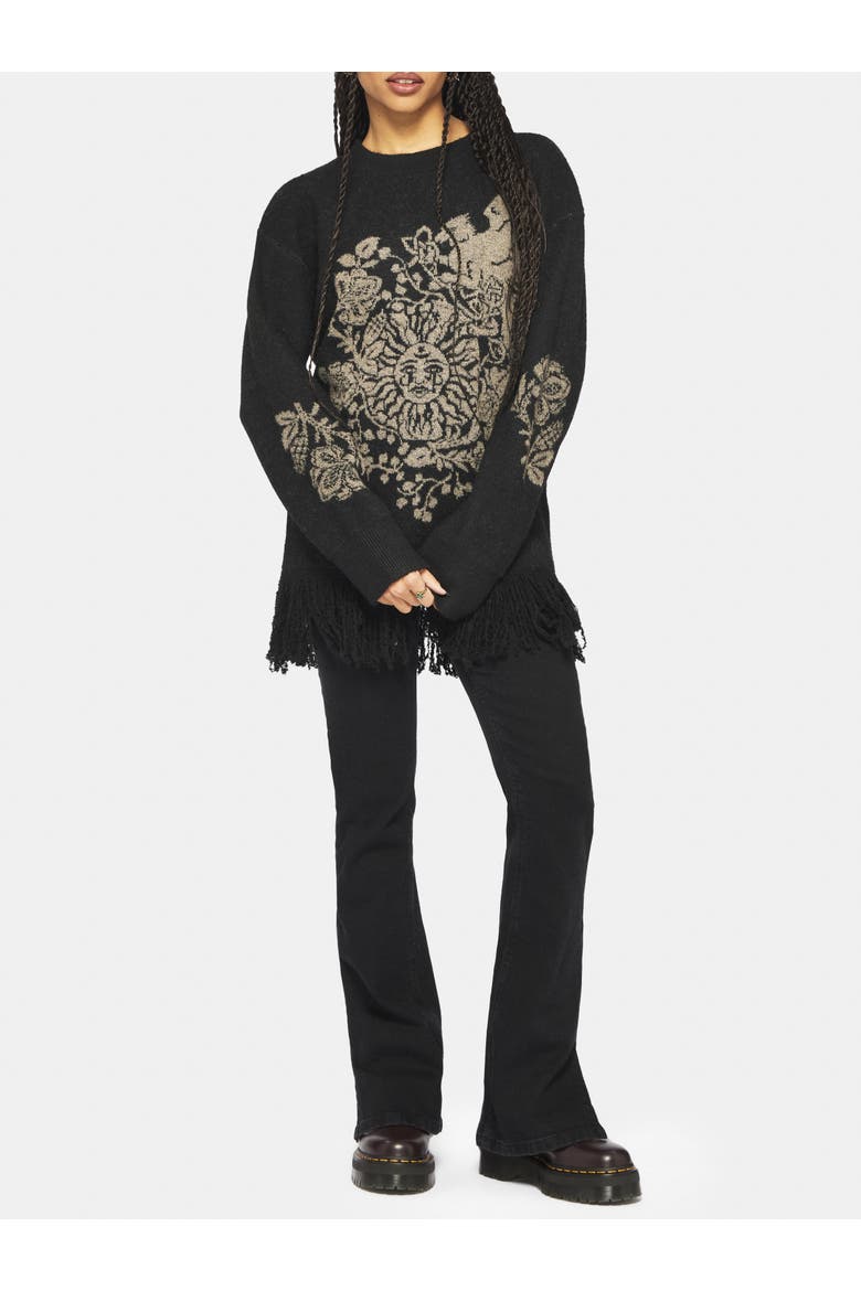 Dia Fringe Hem Jacquard Knit Sweater, Alternate, color, Black