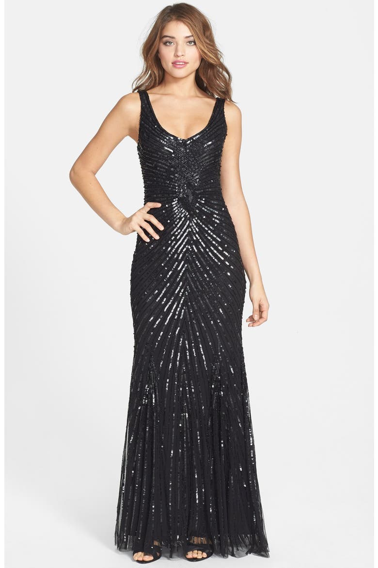 Aidan Mattox Sequin V-Back Mesh Gown, Main, color, BLACK