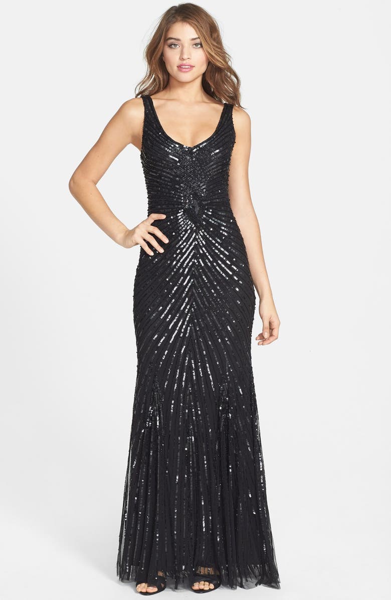 Aidan Mattox by Adrianna Papell Aidan Mattox Sequin V-Back Mesh Gown, Main, color, 