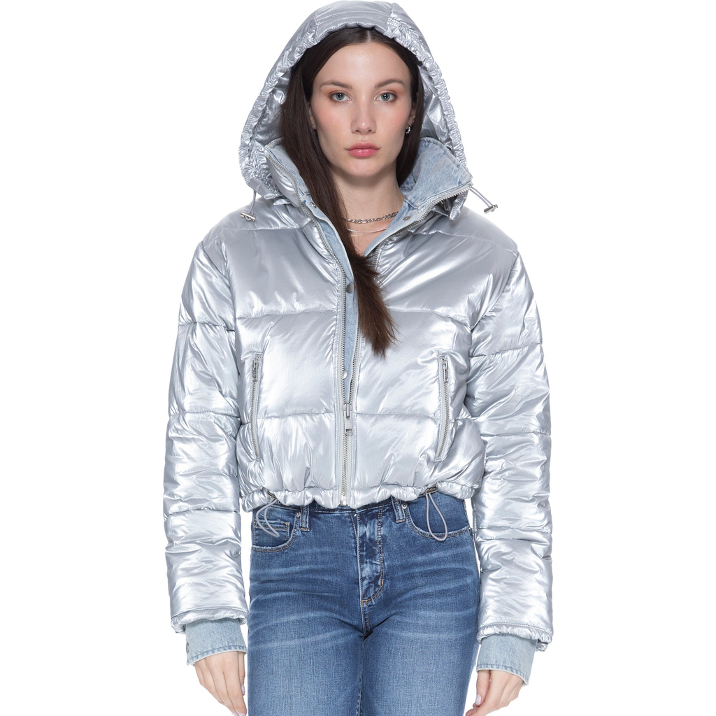 Blue Revival In The Mix Denim Shiny Puffer Jacket In Metallic Silver
