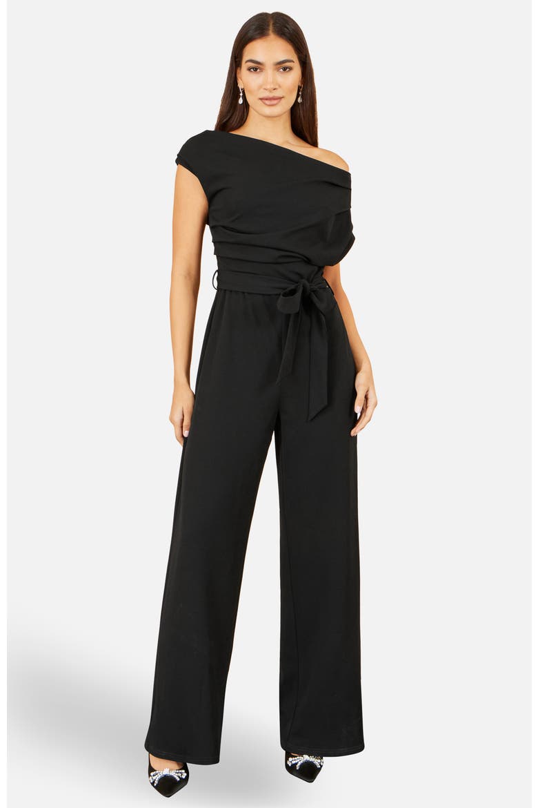 Asymmetric Ruched Stretch Jumpsuit, Alternate, color, Black