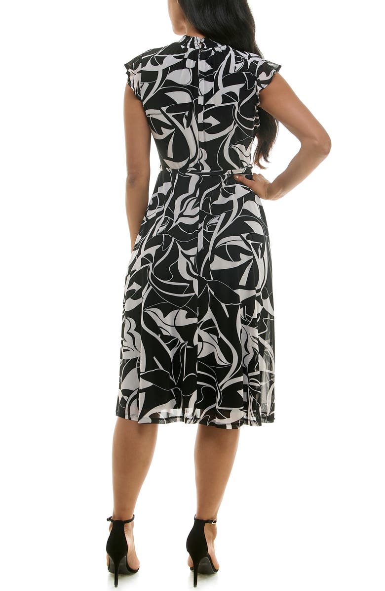 Nina Leonard Mock Neck Flutter Sleeve Midi Dress, Alternate, color, Black/White