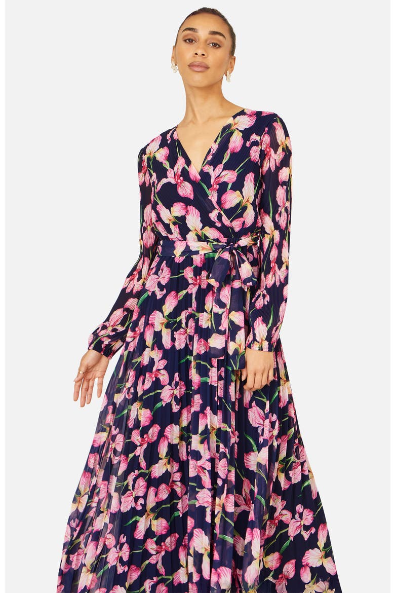 Orchid Floral Pleated Wrap Maxi Dress, Alternate, color, Navy