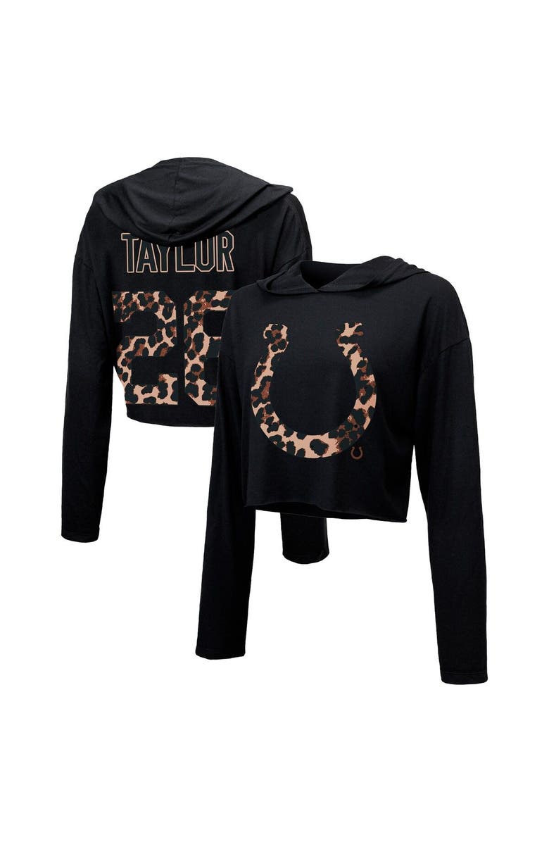 Majestic Threads Women's Majestic Threads Jonathan Taylor Black Indianapolis Colts Leopard Player Name & Number Long Sleeve Cropped Hoodie, Main, color,