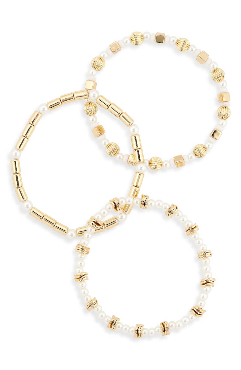 BaubleBar Set of 3 Faux Pearl Beaded Stretch Bracelets, Alternate, color, Pearl