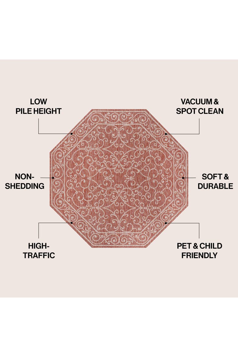 Charleston Vintage Filigree Textured Weave Octagon Indoor/Outdoor Area Rug, Alternate, color, Red/Beige