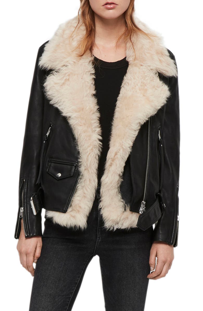 AllSaints Luna 4-in-1 Genuine Shearling Biker Jacket, Main, color,