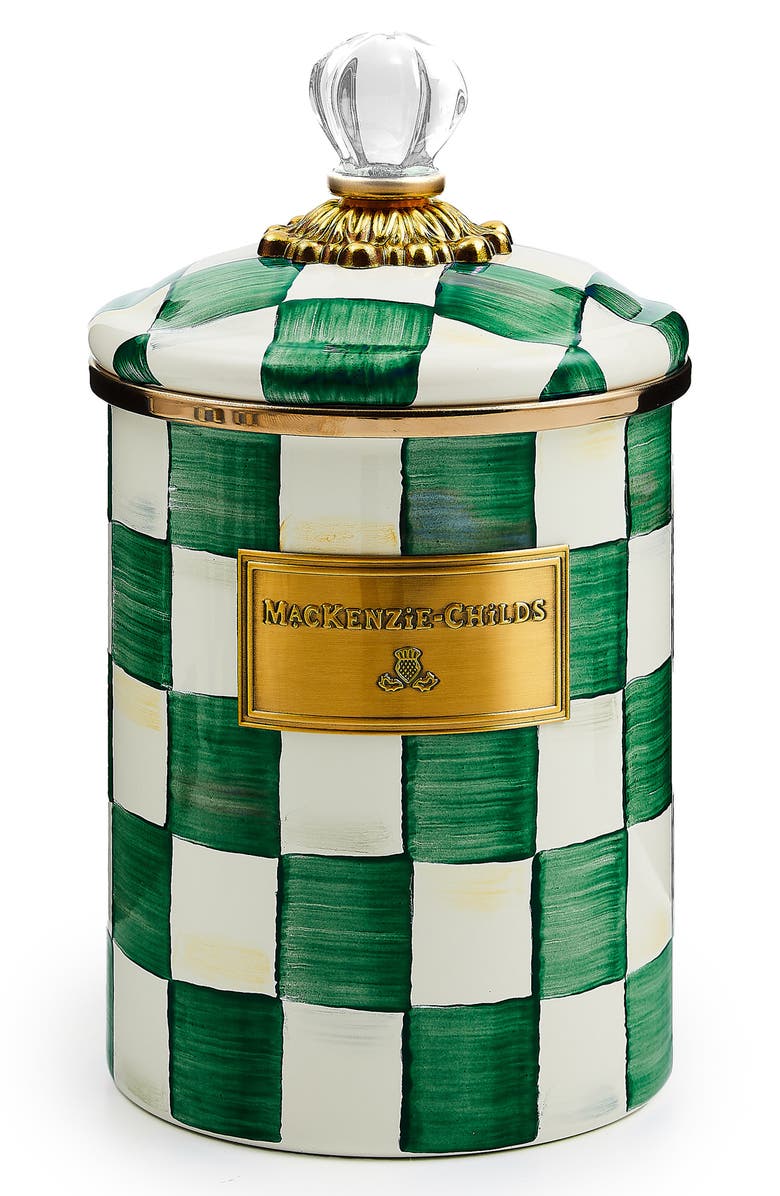 MACKENZIE CHILDS Emerald Check Medium Enameled Steel Canister, Main, color, Emerald