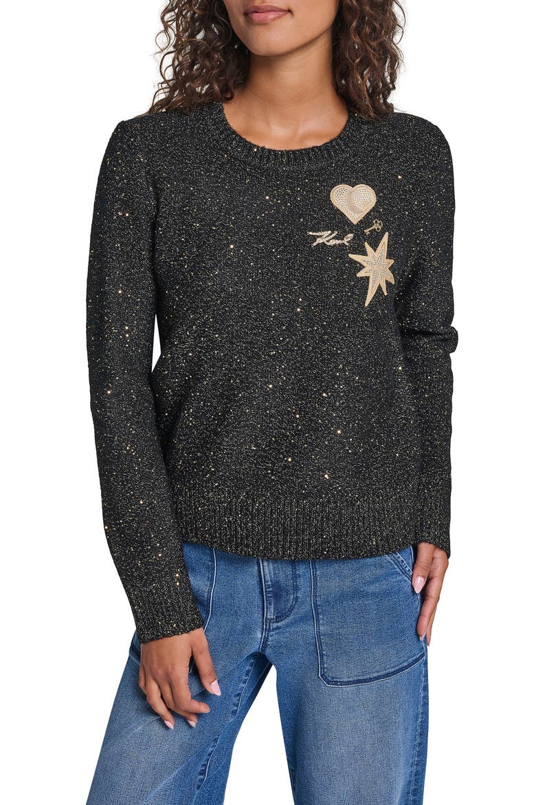 Whimsy Patches Metallic Sweater, Main, color, BLACK/ GOLD