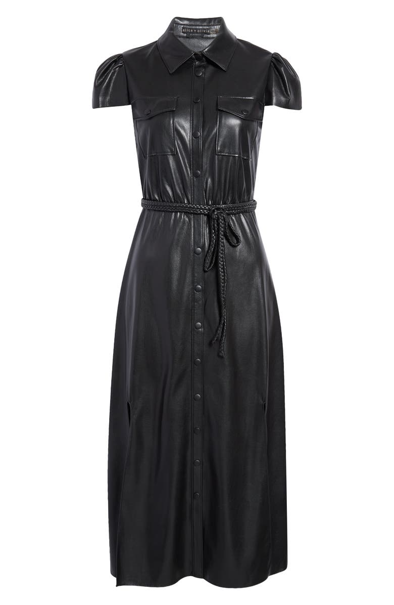 Alice + Olivia Miranda Cap Sleeve Faux Leather Shirtdress, Alternate, color, Black
