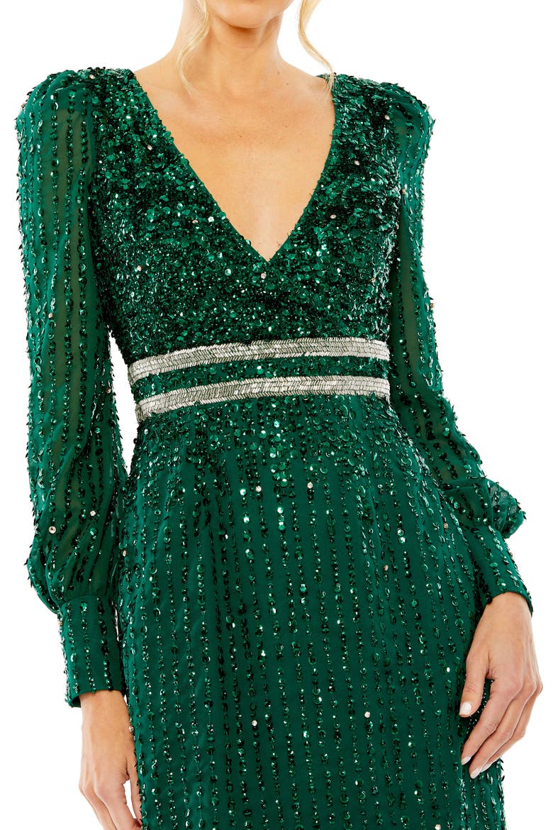 Sequined V Neck Bishop Sleeve Dress, Alternate, color, EMERALD