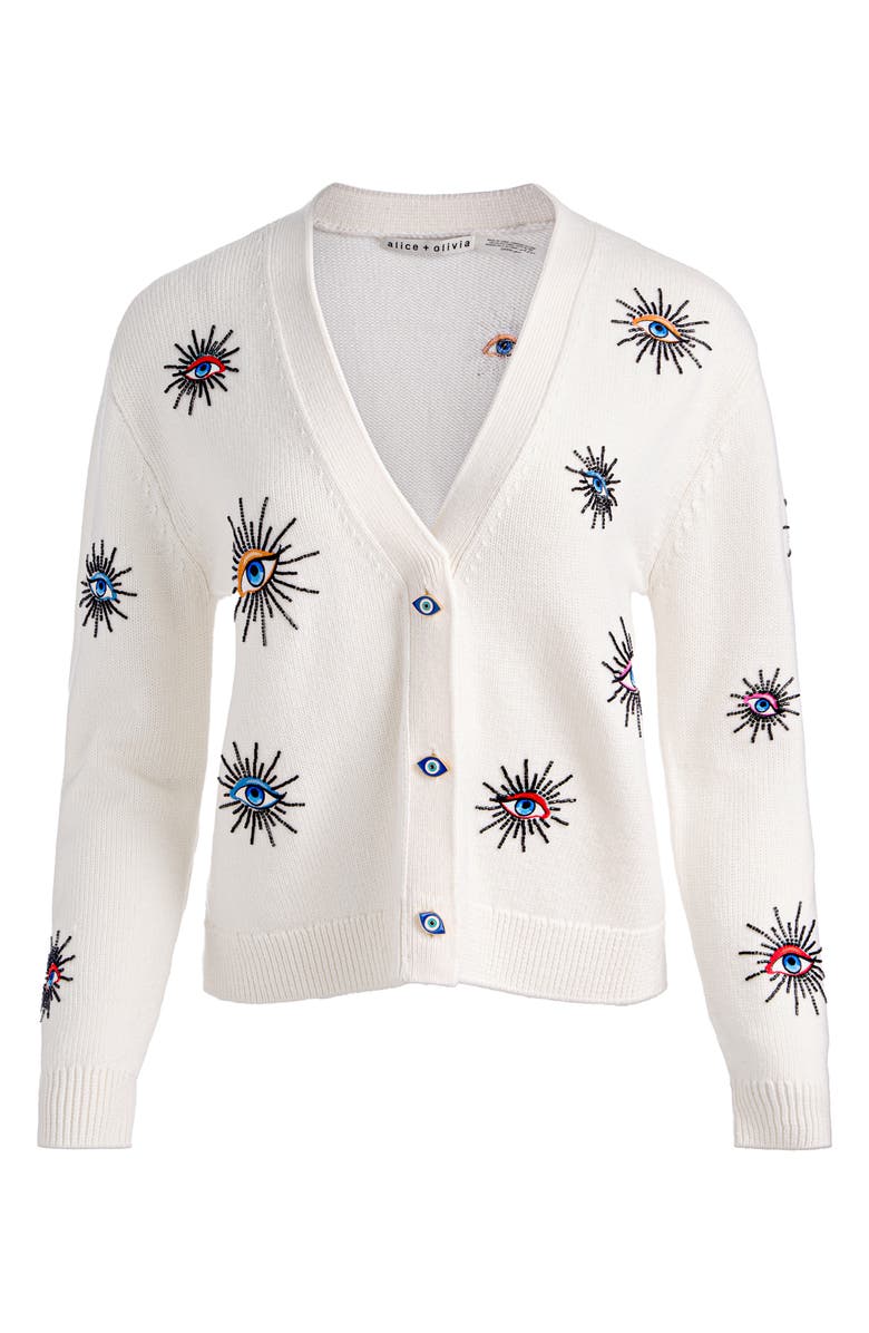 Alice + Olivia Bradley Embellished Stretch Wool Cardigan, Alternate, color, Ecru Multi