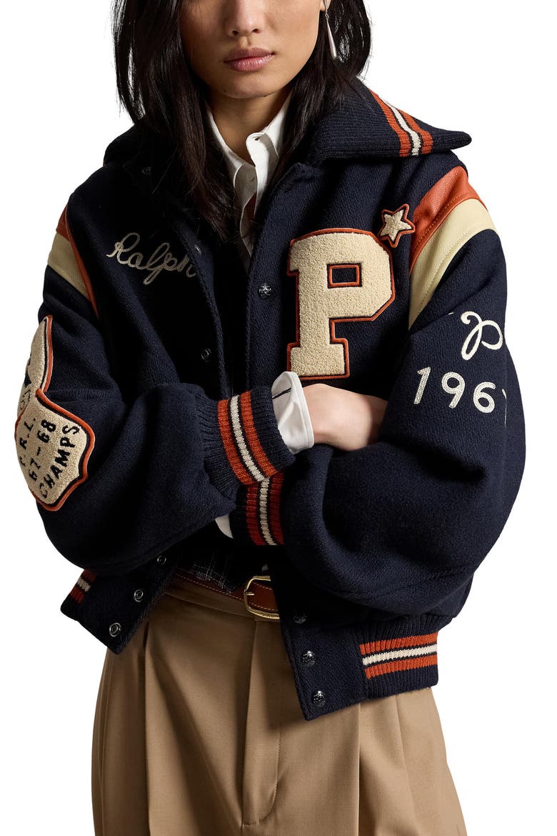 Wool Blend Varsity Jacket, Main, color, HUNTER NAVY