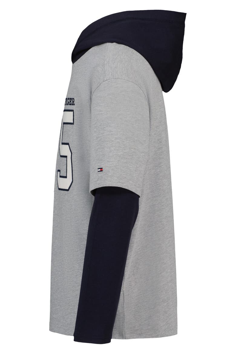 Kids' 85 Graphic Hooded Layered T-Shirt, Alternate, color, GREY HTHR