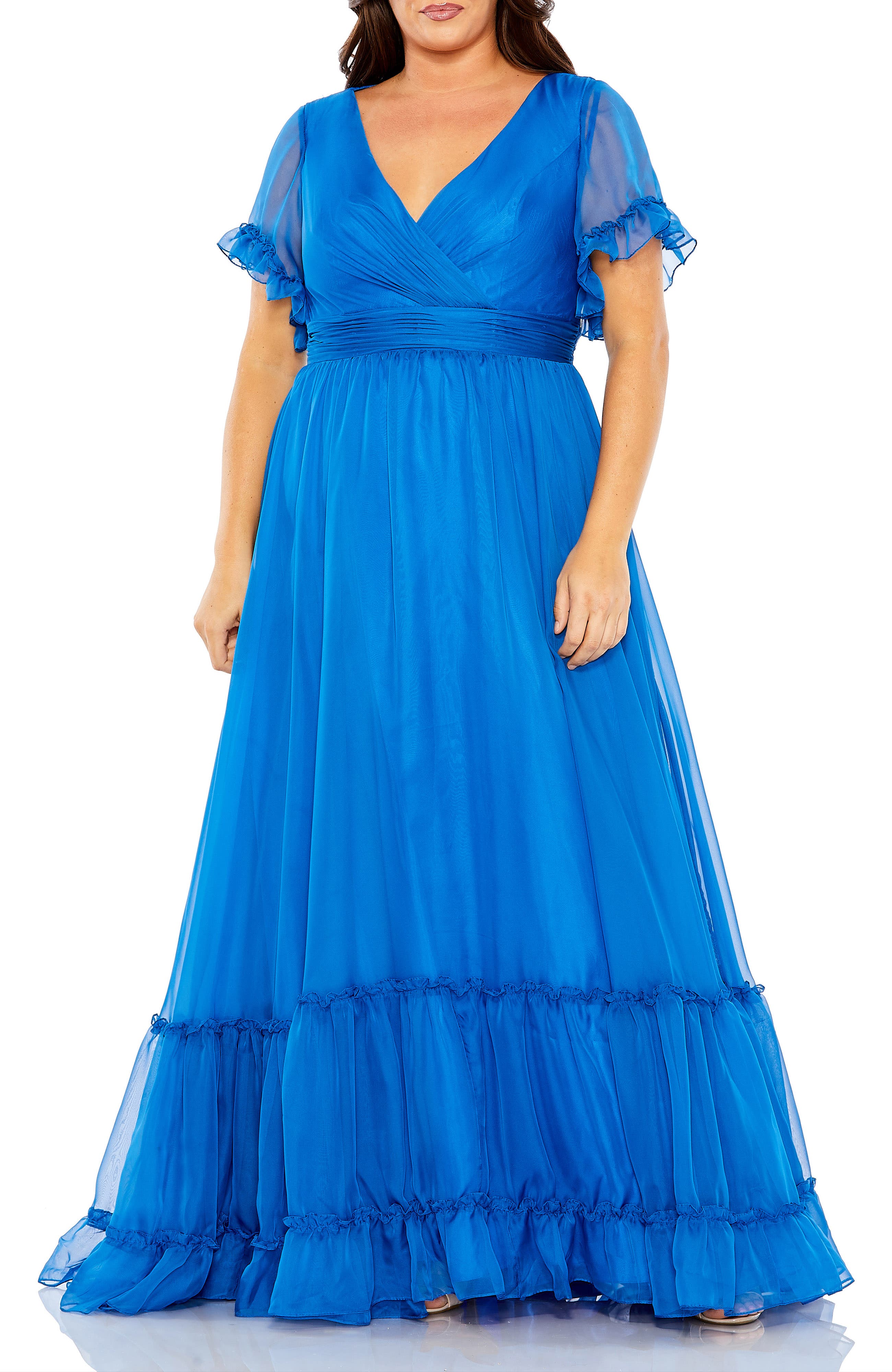 Chiffon Faux Wrap Flutter Sleeve Tiered Gown