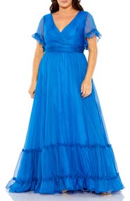 Mac Duggal Chiffon Faux Wrap Flutter Sleeve Tiered Gown