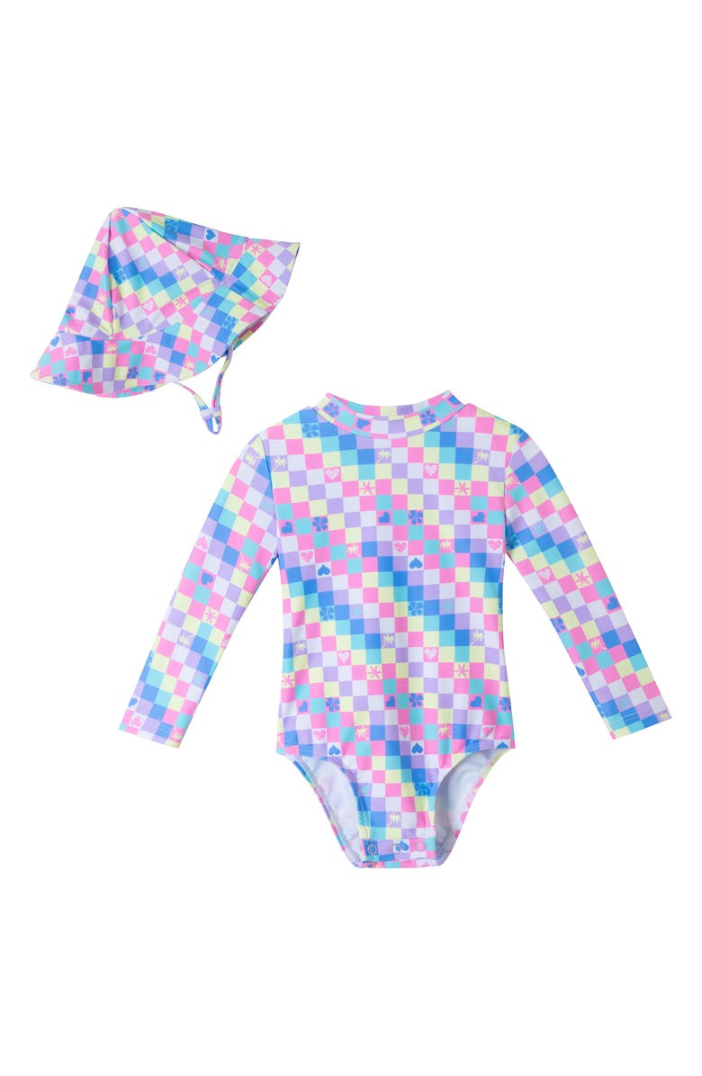 Andy 
Evan Print Long Sleeve One-Piece Rashguard Swimsuit 
Sun Hat Set, Main, color, 