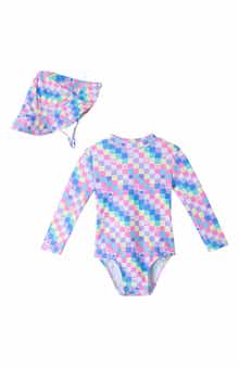 Andy & Evan Print Long Sleeve One-Piece Rashguard Swimsuit & Sun Hat Set