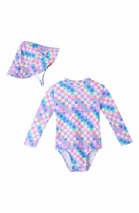 Andy & Evan Print Long Sleeve One-Piece Rashguard Swimsuit & Sun Hat Set