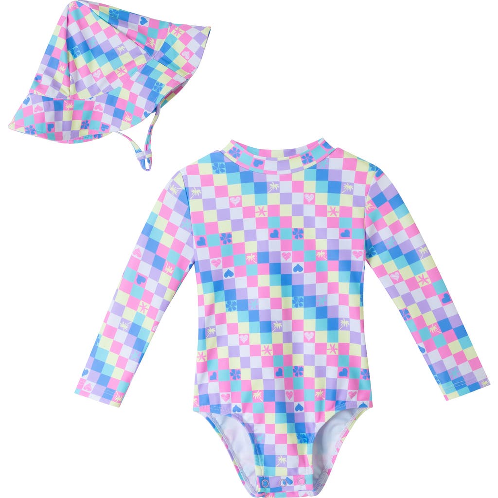 Andy & Evan Print Long Sleeve One-piece Rashguard Swimsuit & Sun Hat Set In Multi Color