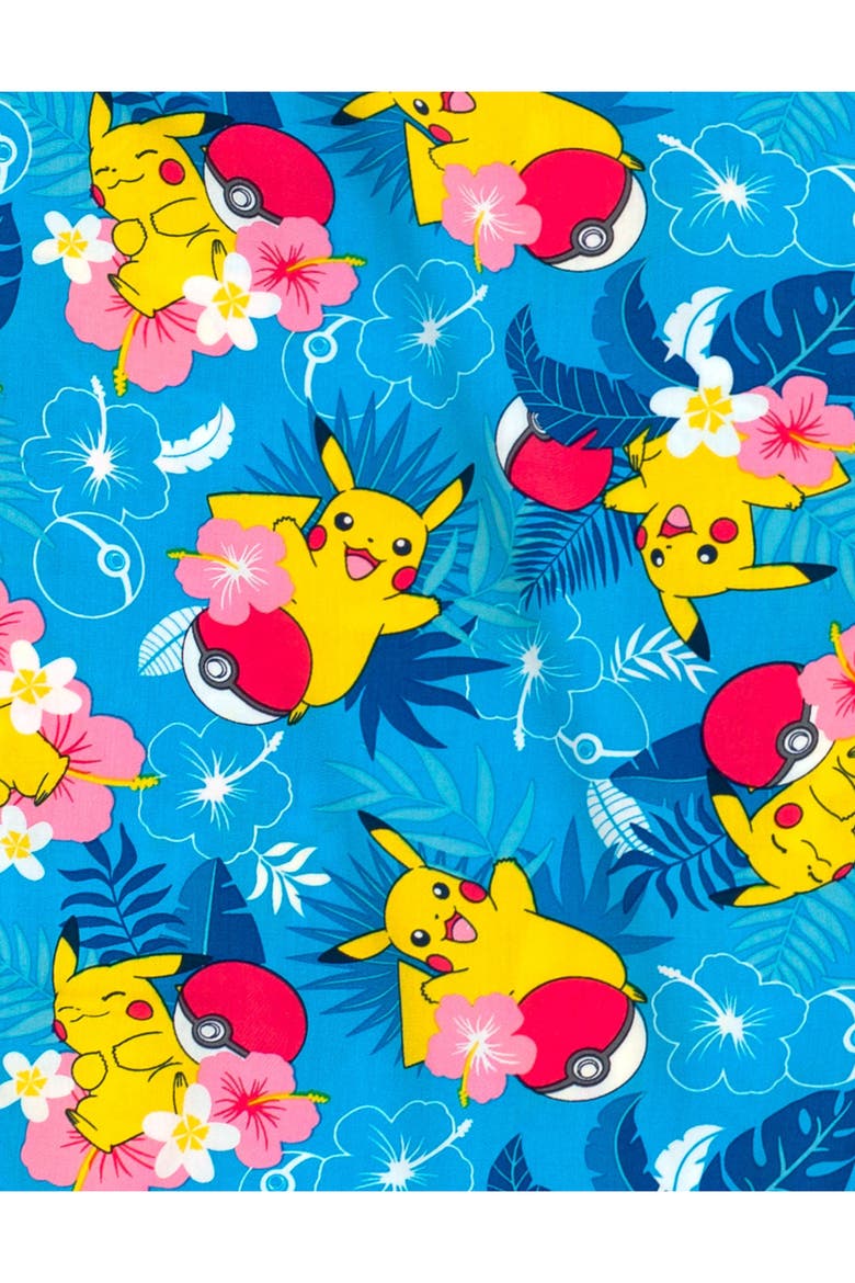 Pikachu Hawaiian Short Sleeve Button Down Shirt, Alternate, color, Pikachu Island Blue