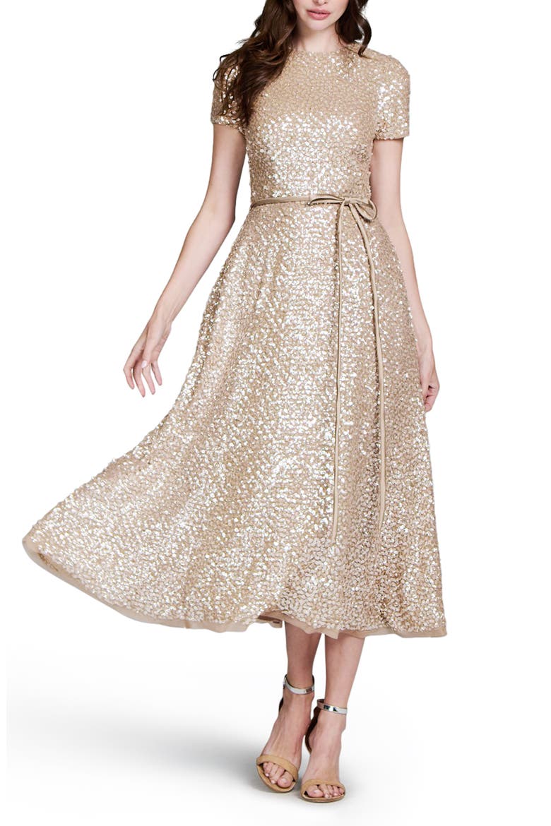 Sequin Encrusted Translucent Tie Waist Cocktail Dress, Alternate, color, SUNTAN
