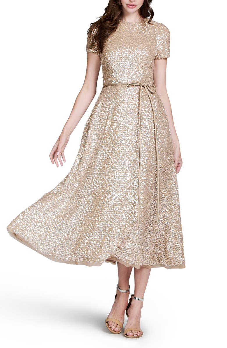 EMILY SHALANT Sequin Encrusted Translucent Tie Waist Cocktail Dress, Alternate, color, 