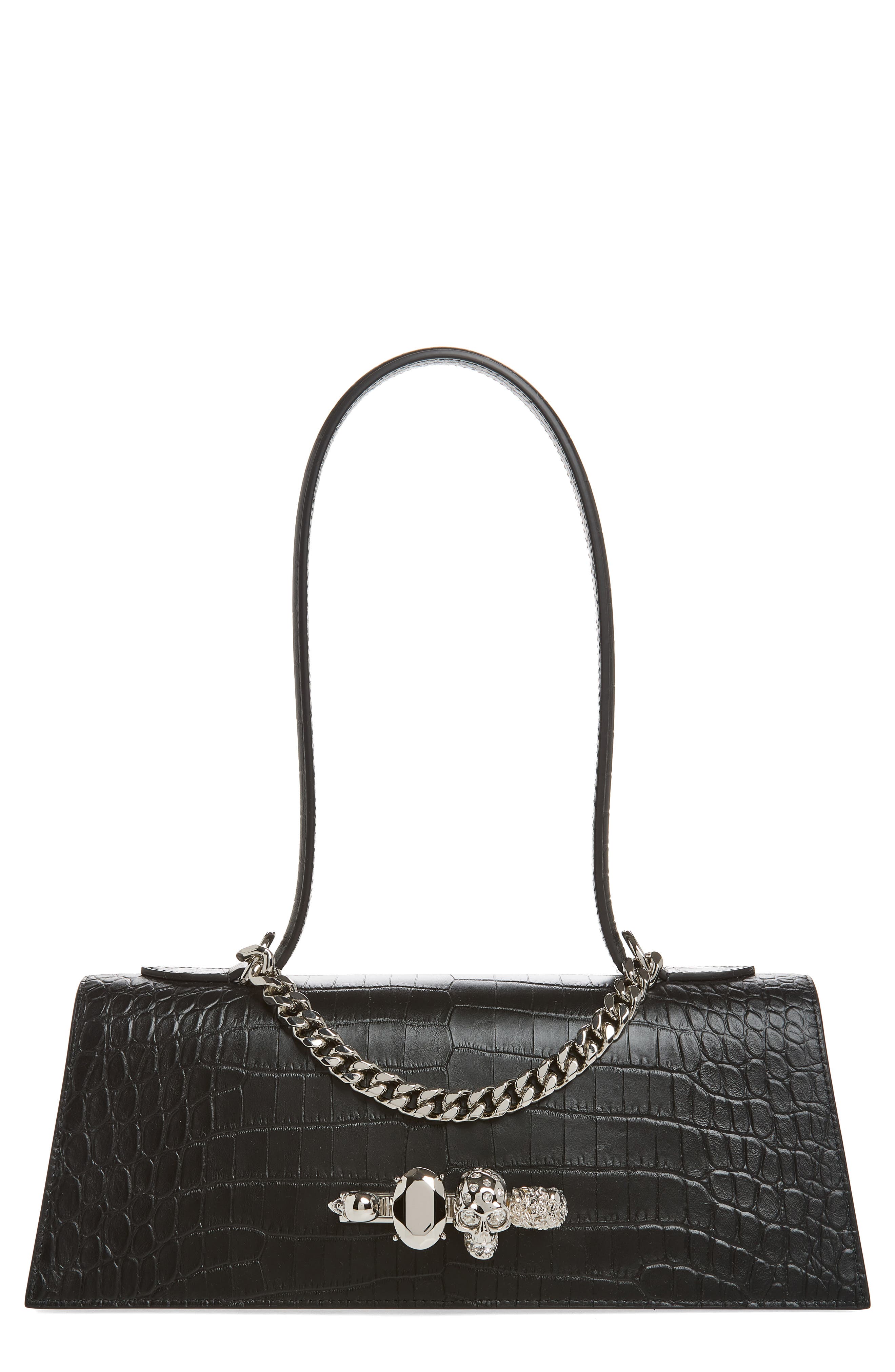 McQueen Jewelled Croc Embossed Top Handle Bag, Main, color, Black/ Silver