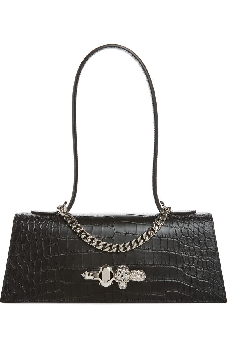 McQueen Jewelled Croc Embossed Top Handle Bag, Main, color, Black/ Silver