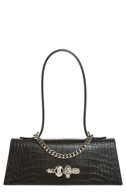 Jewelled Croc Embossed Top Handle Bag
