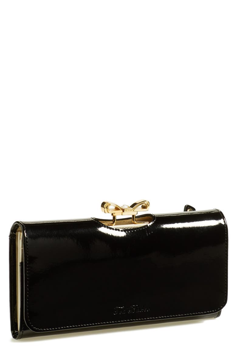 'Crystal Bow' Matinee Wallet, Main, color, BLACK