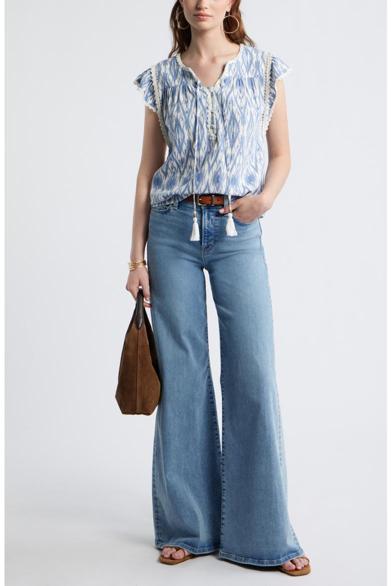 Crochet Trim Linen Blend Top, Alternate, color, IVORY- BLUE DIAMOND IKAT