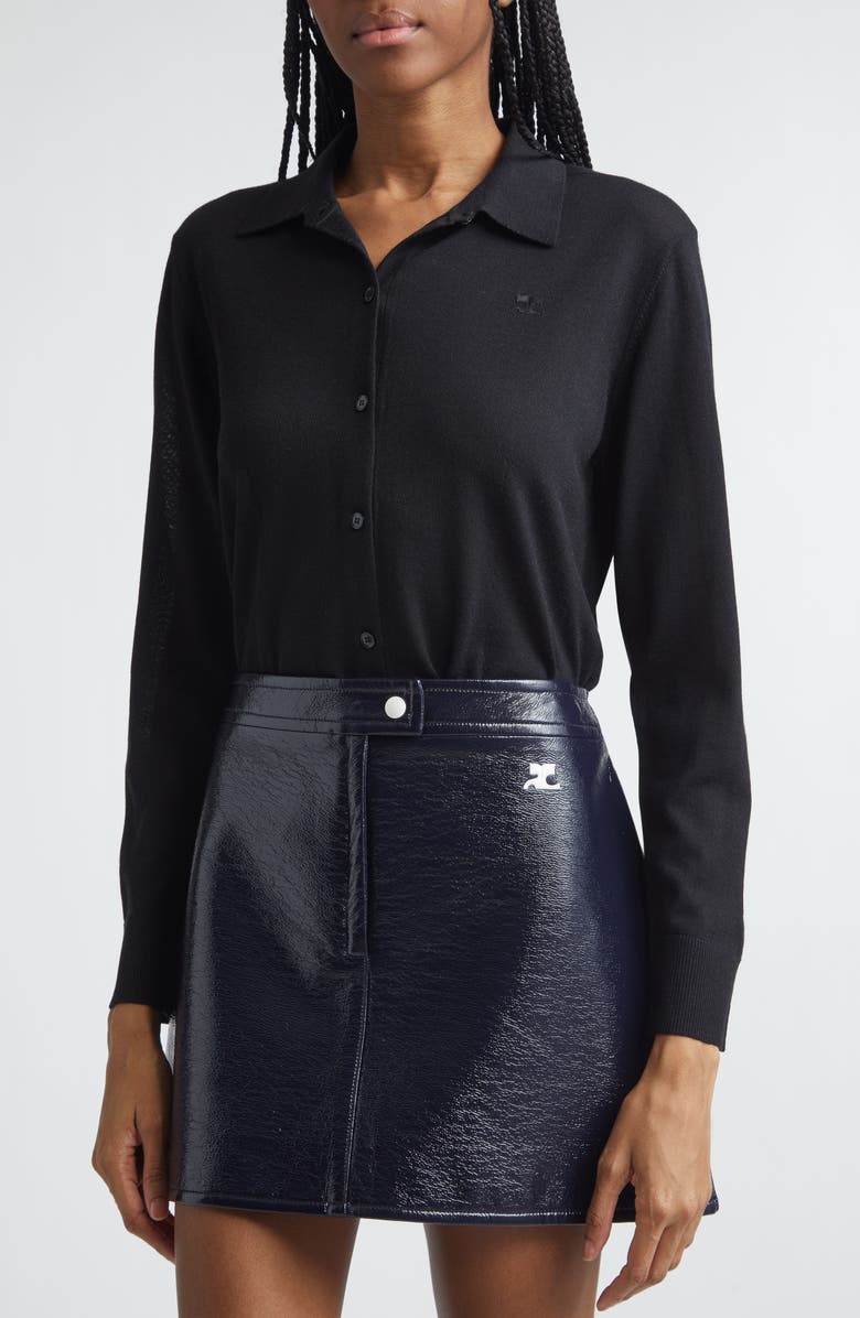 Courrèges Merino Wool Polo Cardigan, Alternate, color, Black