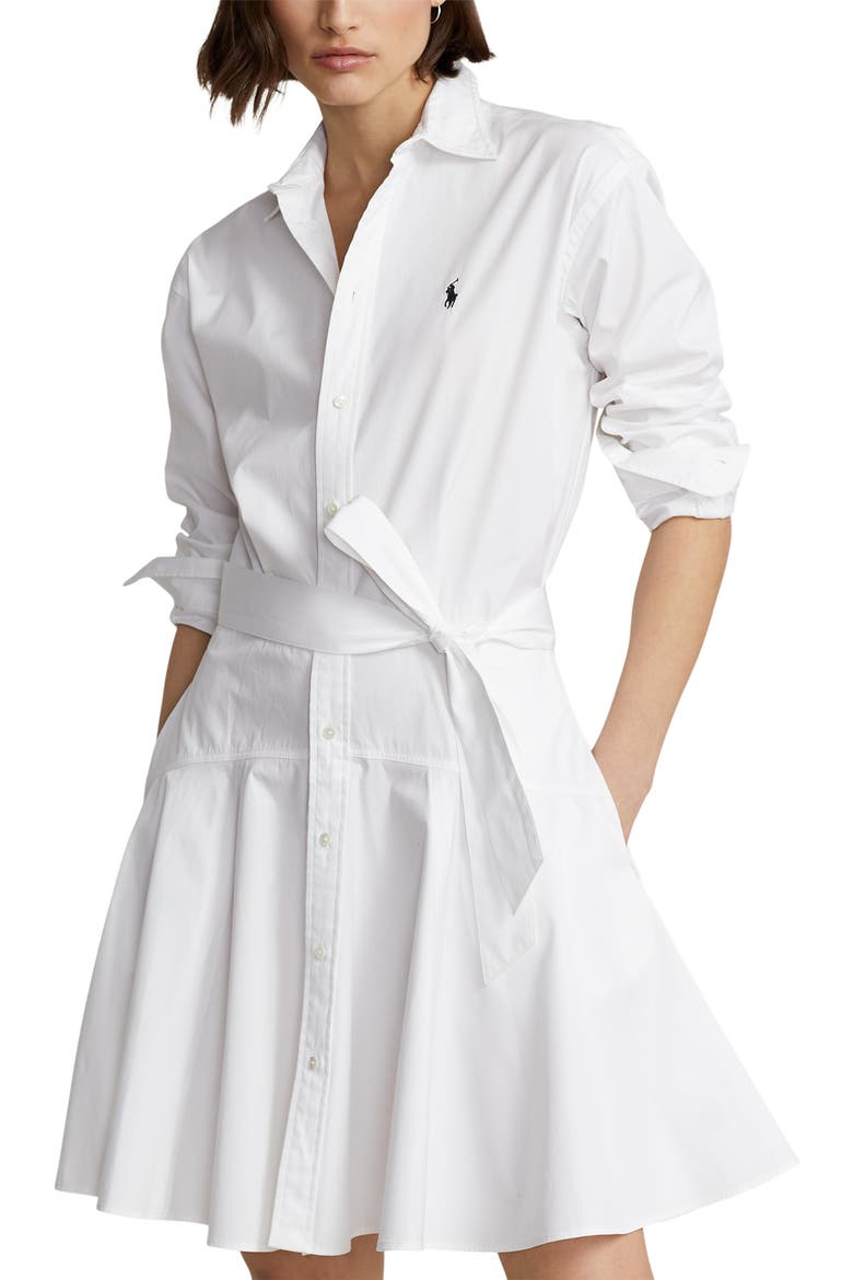 Long Sleeve Cotton Fit & Flare Shirtdress, Alternate, color, WHITE