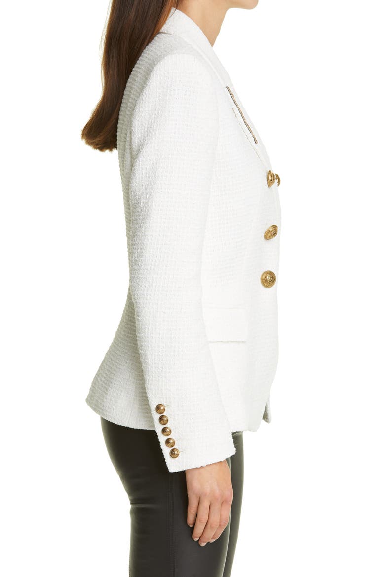 Embellished Lapel Double Breasted Tweed Blazer, Alternate, color, BLANC