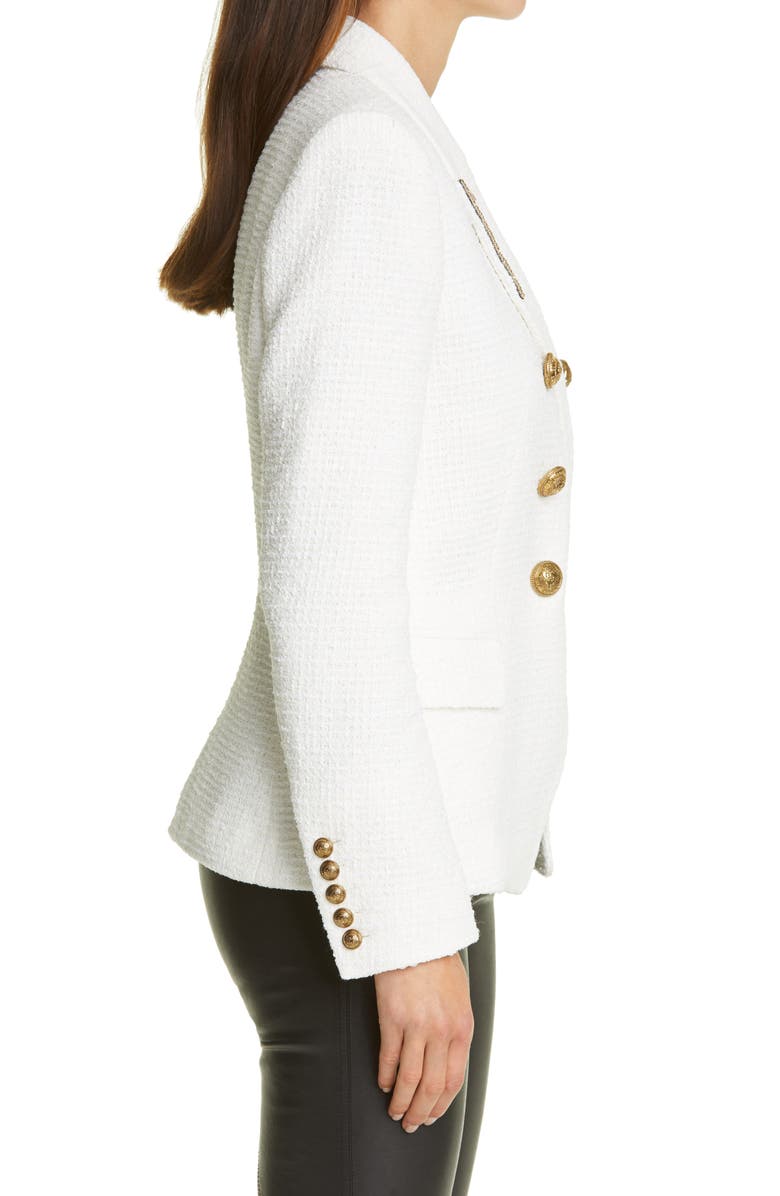 Balmain Embellished Lapel Double Breasted Tweed Blazer, Alternate, color, 