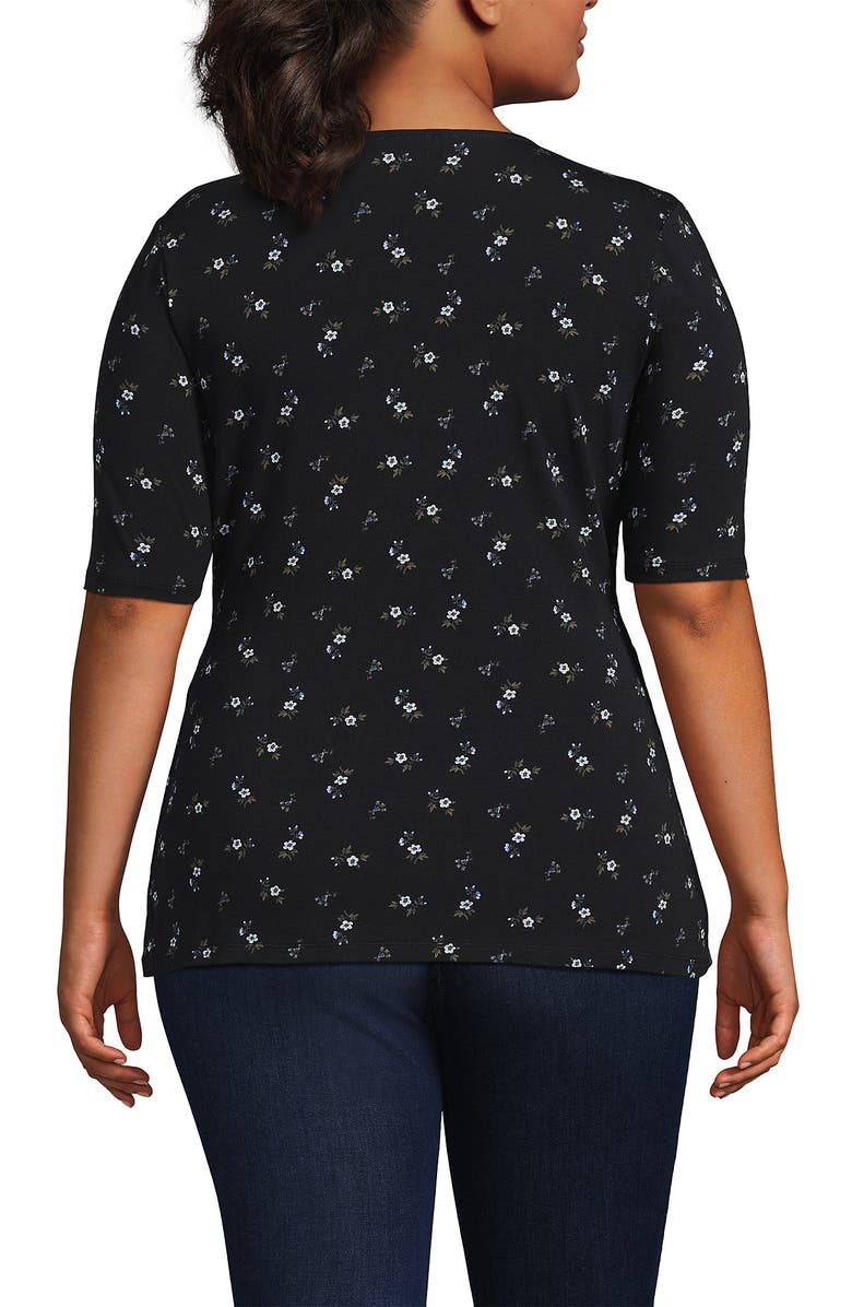 Lands' End Elbow Sleeve Lightweight Jersey Side Tie Blouse, Alternate, color, Black/Cobalt Tiny Floral