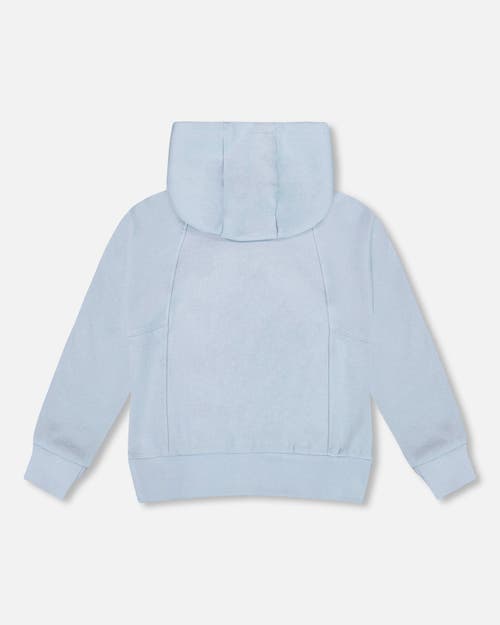 Deux Par Deux Pullover Hooded Fleece Sweatshirt With Zip Pocket In Blue