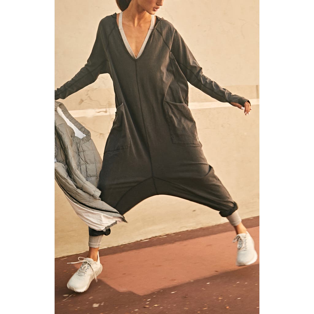Free People Fp Movement Hot Shot Long Sleeve Stretch Cotton Jumpsuit In Black
