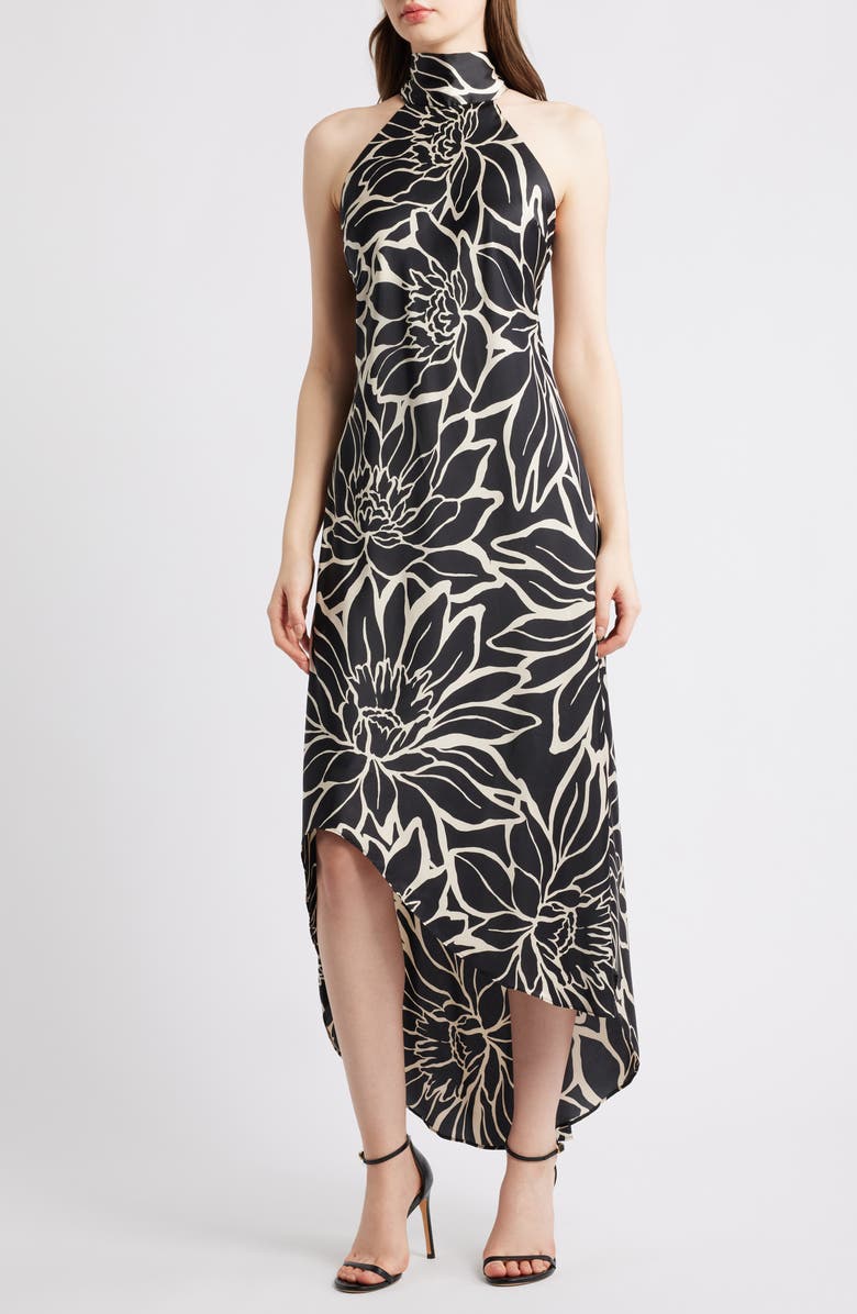 CeCe Floral Mock Neck Stretch Satin Dress, Main, color, Rich Black