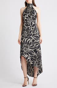 CeCe Floral Mock Neck Stretch Satin Dress