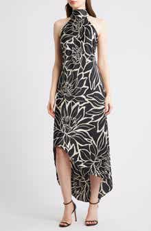 CeCe Floral Mock Neck Stretch Satin Dress