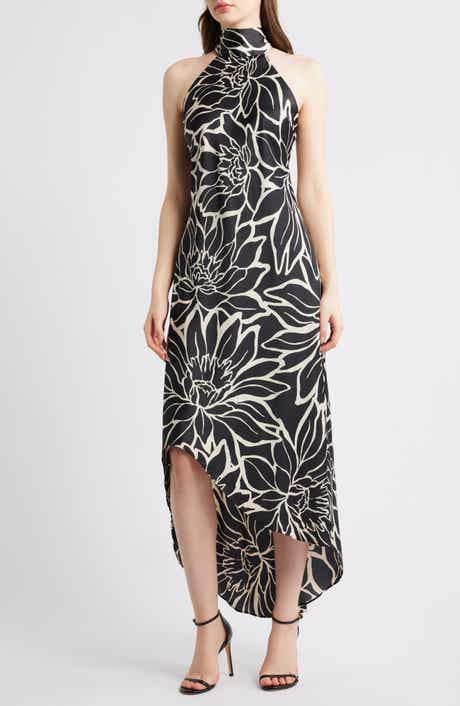 CeCe Floral Mock Neck Stretch Satin Dress