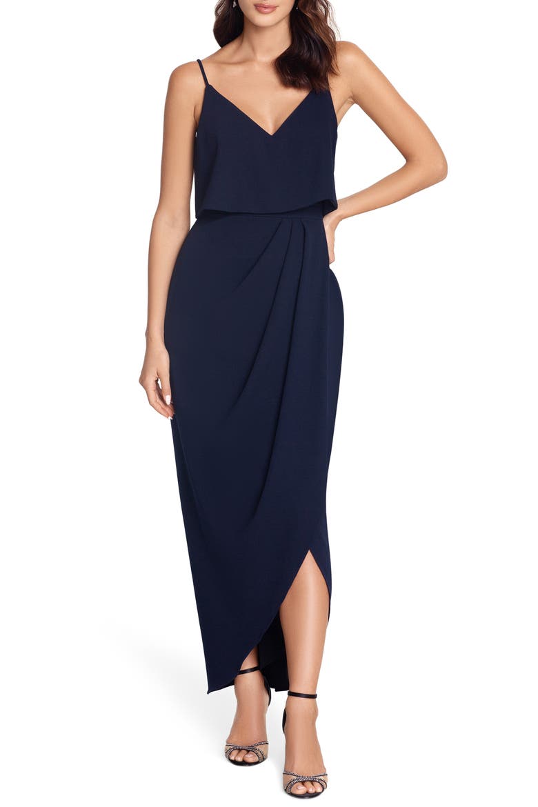 Xscape Scuba Crepe Popover Faux Wrap Gown, Main, color, NAVY
