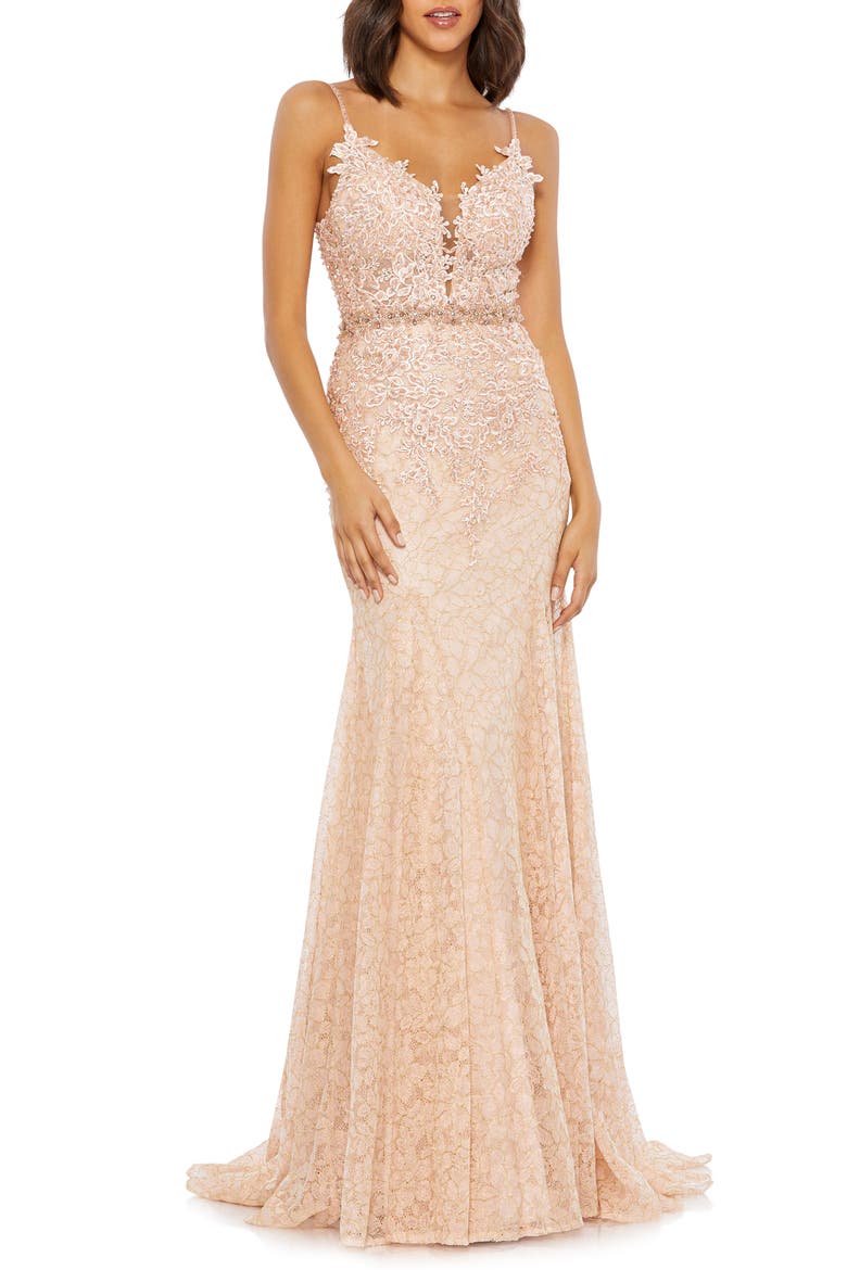 Floral Appliqué Plunge Mermaid Gown, Main, color, BLUSH