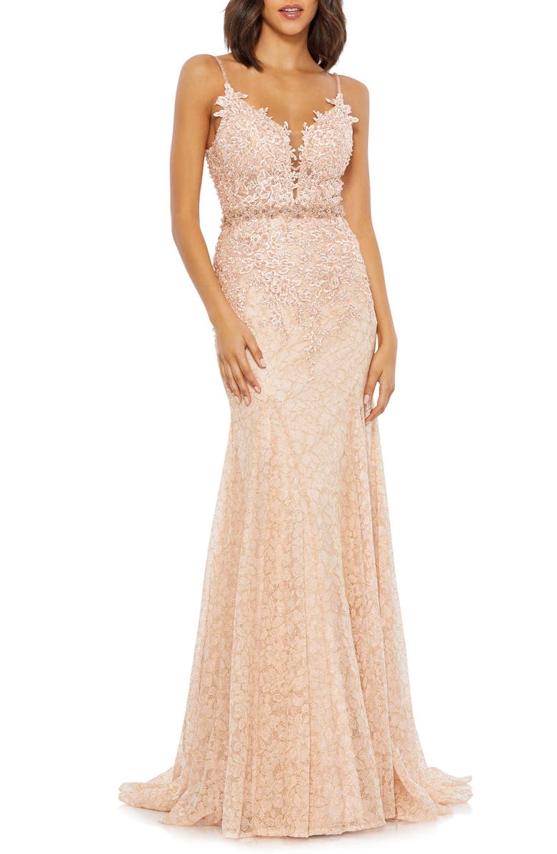 Mac Duggal Floral Appliqué Plunge Mermaid Gown, Main, color,