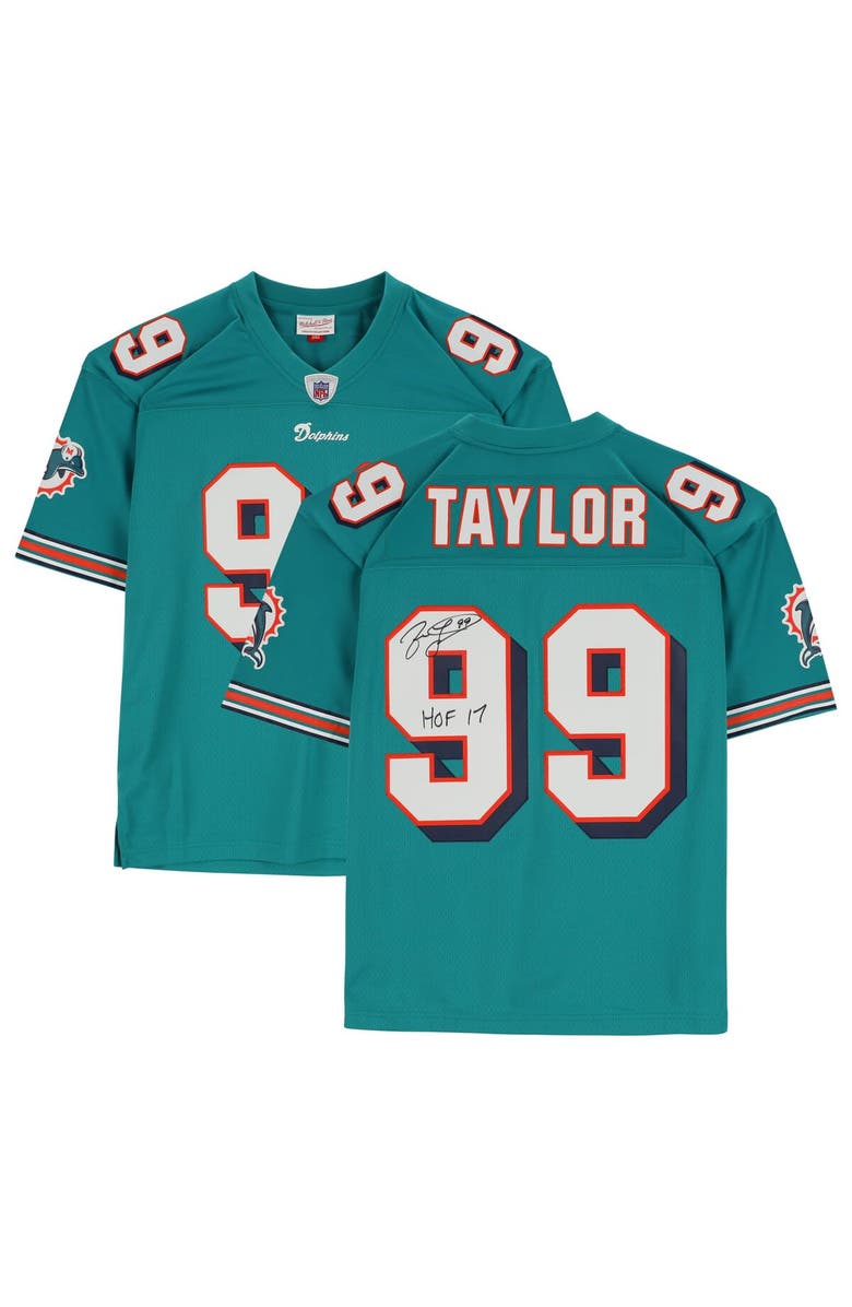 FANATICS AUTHENTIC Jason Taylor Miami Dolphins Autographed Mitchell & Ness Teal Replica Jersey with "HOF 17" Inscription, Main, color, 