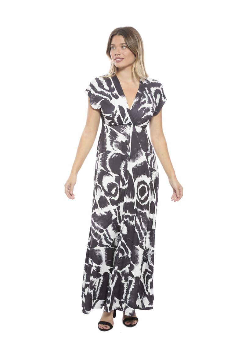 Womens Essential Abstract V-Neck Empire Waist Cap Sleeve Maxi Dress, Main, color, Black Multi